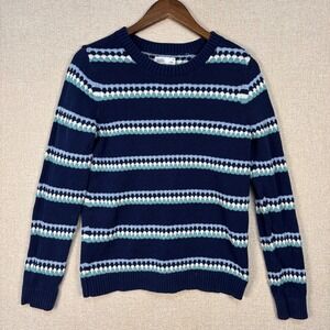 Croft & Barrow Size Med Womens Navy Blue Striped Crewneck Sweater Cotton Blend